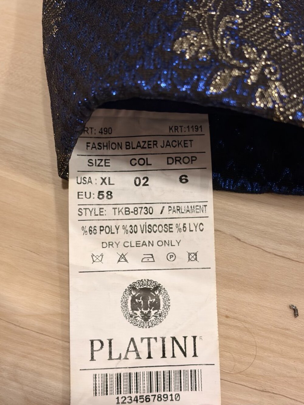 Blue/Gold Fashion Blazer Jacket - XL - Platini Genuine Made in Turkey - Picture 3 of 4